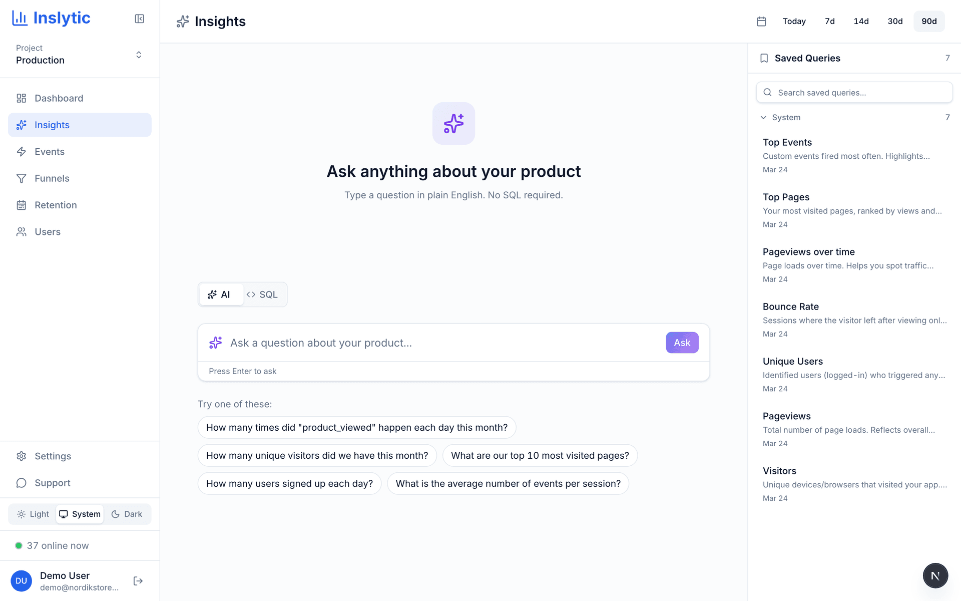 Inslytic insights page with natural language query input