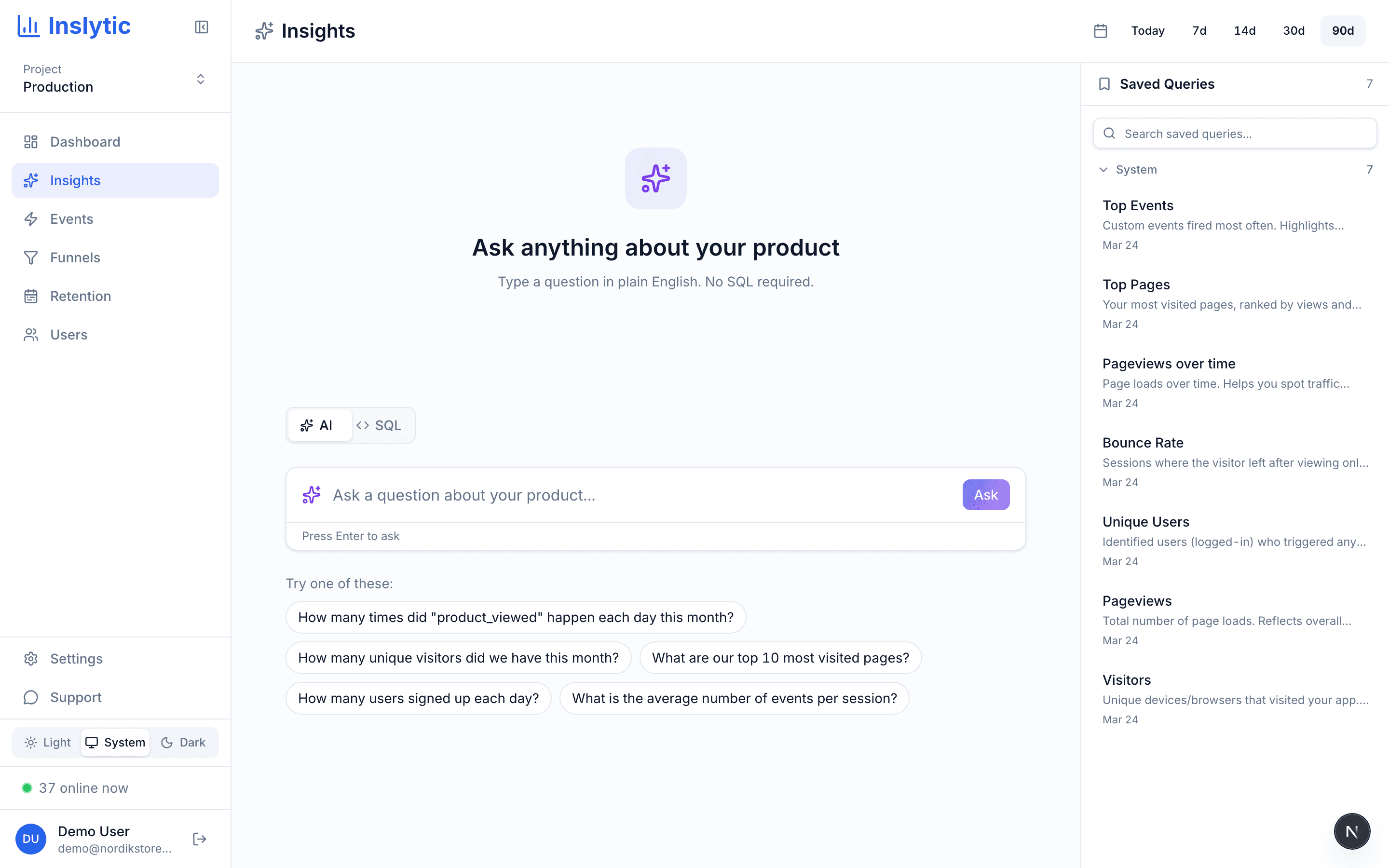 Inslytic insights page with an empty query input ready for a plain English question